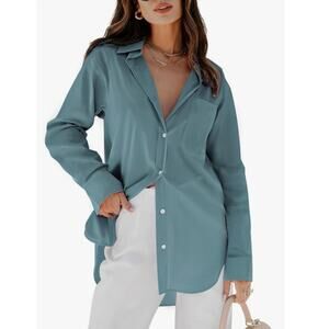 New SILITEELON Button Down Pocket Shirt Denim Blue Long Sleeve Women L Loose Fit